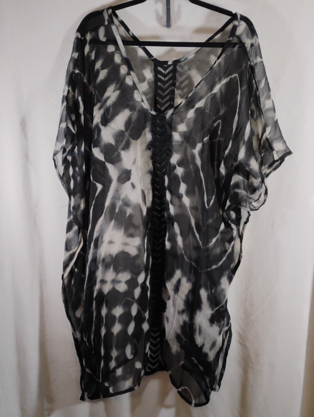 Sheer Black & White Tie-Dye Kimono Cover-Up